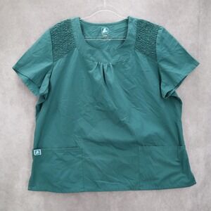 Adar‎ Green Medical Uniform Scoop Neck Smocked Pocket Short Sleeve Top Plus 3XL